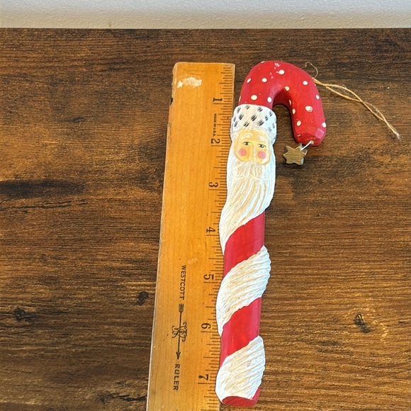 Candy Cane Santa Ornament Carved Christmas Wood wrapped white beard star - Picture 4 of 5